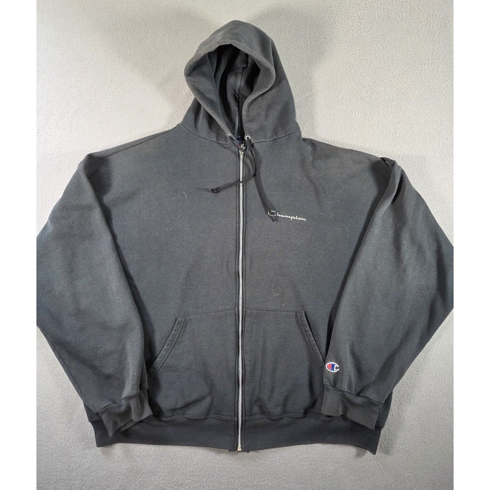 Vintage Champion Hoodie Mens 2XL Faded Black Full Zip Sweatshirt Grunge